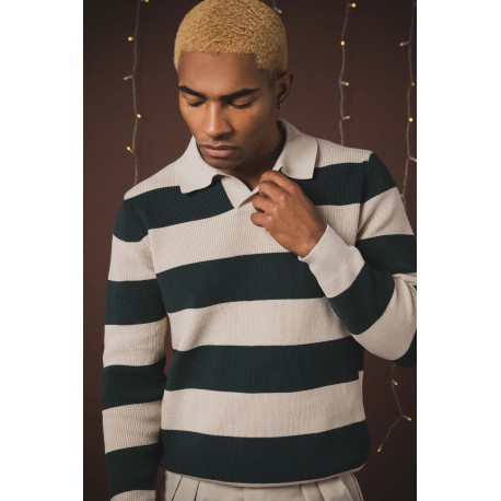 FRILIVIN - Pull Polo à Rayures Pétrole