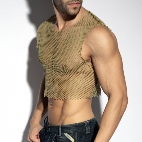 ES Collection - BEACHY NET MIDRIFF CROP TOP Kaki